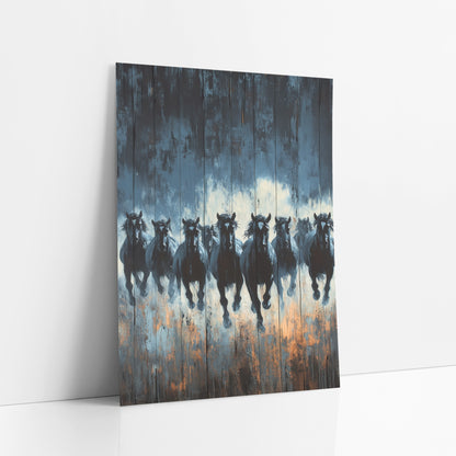 Galloping Dark Horses Rustic Western art print leaning against a white wall – eight dark horses gallop forward with flowing