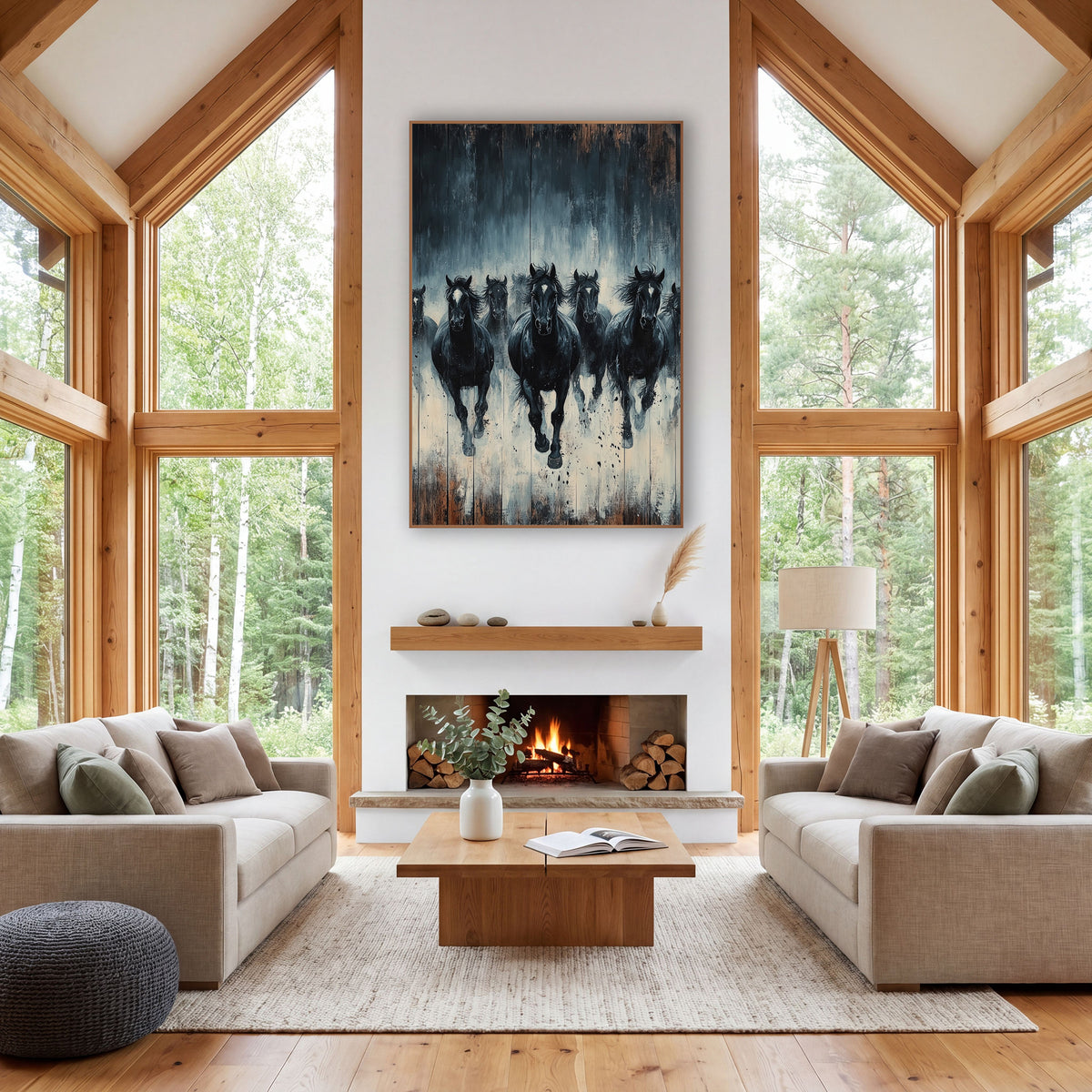 Plankwood Black Horse Stampede Rustic wall art in a rustic western-style room – seven black horses with white face