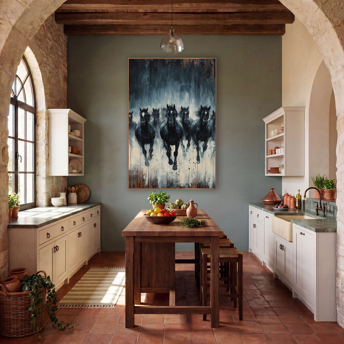 Plankwood Black Horse Stampede Rustic wall art in a rustic western-style room – seven black horses with white face