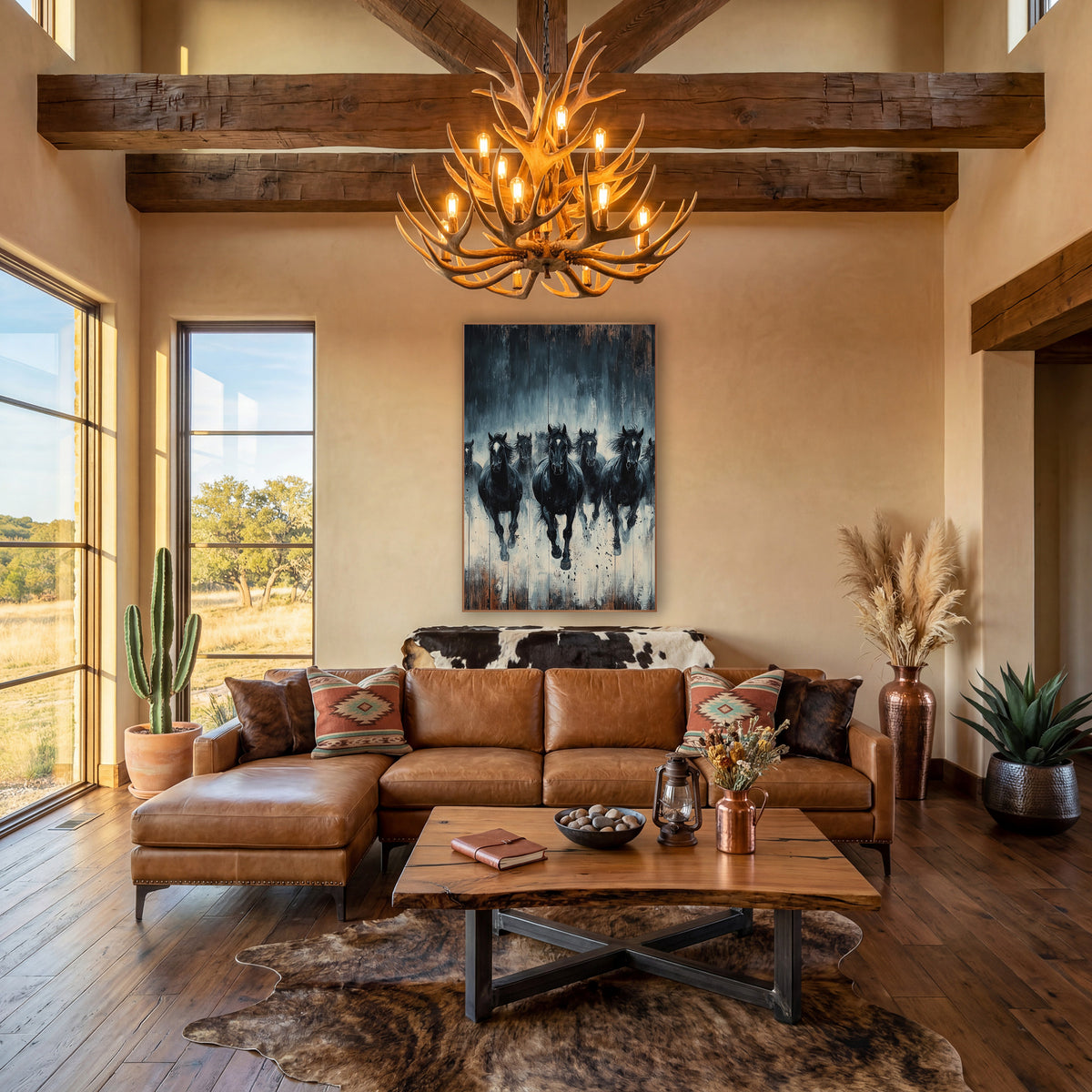 Plankwood Black Horse Stampede Rustic wall art in a rustic western-style room – seven black horses with white face