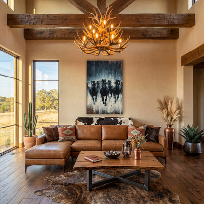 Plankwood Black Horse Stampede Rustic wall art in a rustic western-style room – seven black horses with white face