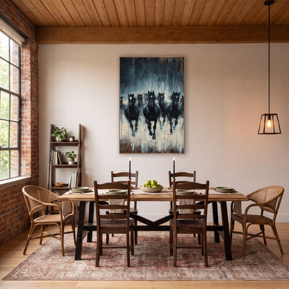 Plankwood Black Horse Stampede Rustic wall art in a rustic western-style room – seven black horses with white face