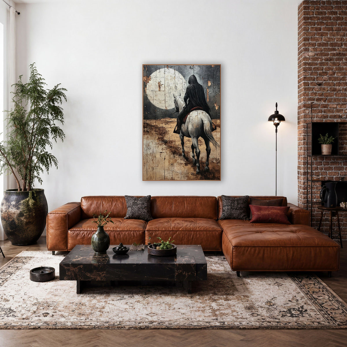 Hooded Rider Moonlit Western wall art in a rustic western-style room – hooded rider in black cloak on a pale gray