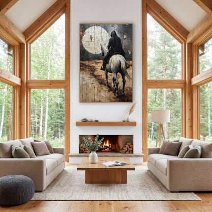 Hooded Rider Moonlit Western wall art in a rustic western-style room – hooded rider in black cloak on a pale gray