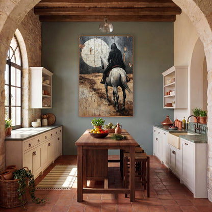 Hooded Rider Moonlit Western wall art in a rustic western-style room – hooded rider in black cloak on a pale gray