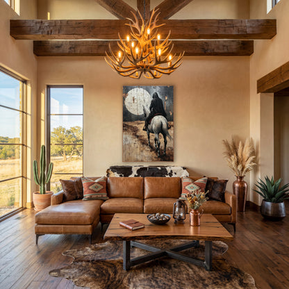 Hooded Rider Moonlit Western wall art in a rustic western-style room – hooded rider in black cloak on a pale gray
