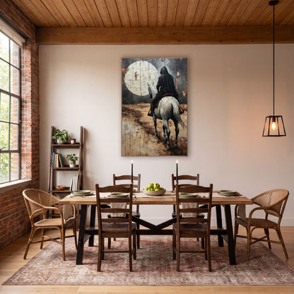 Hooded Rider Moonlit Western wall art in a rustic western-style room – hooded rider in black cloak on a pale gray