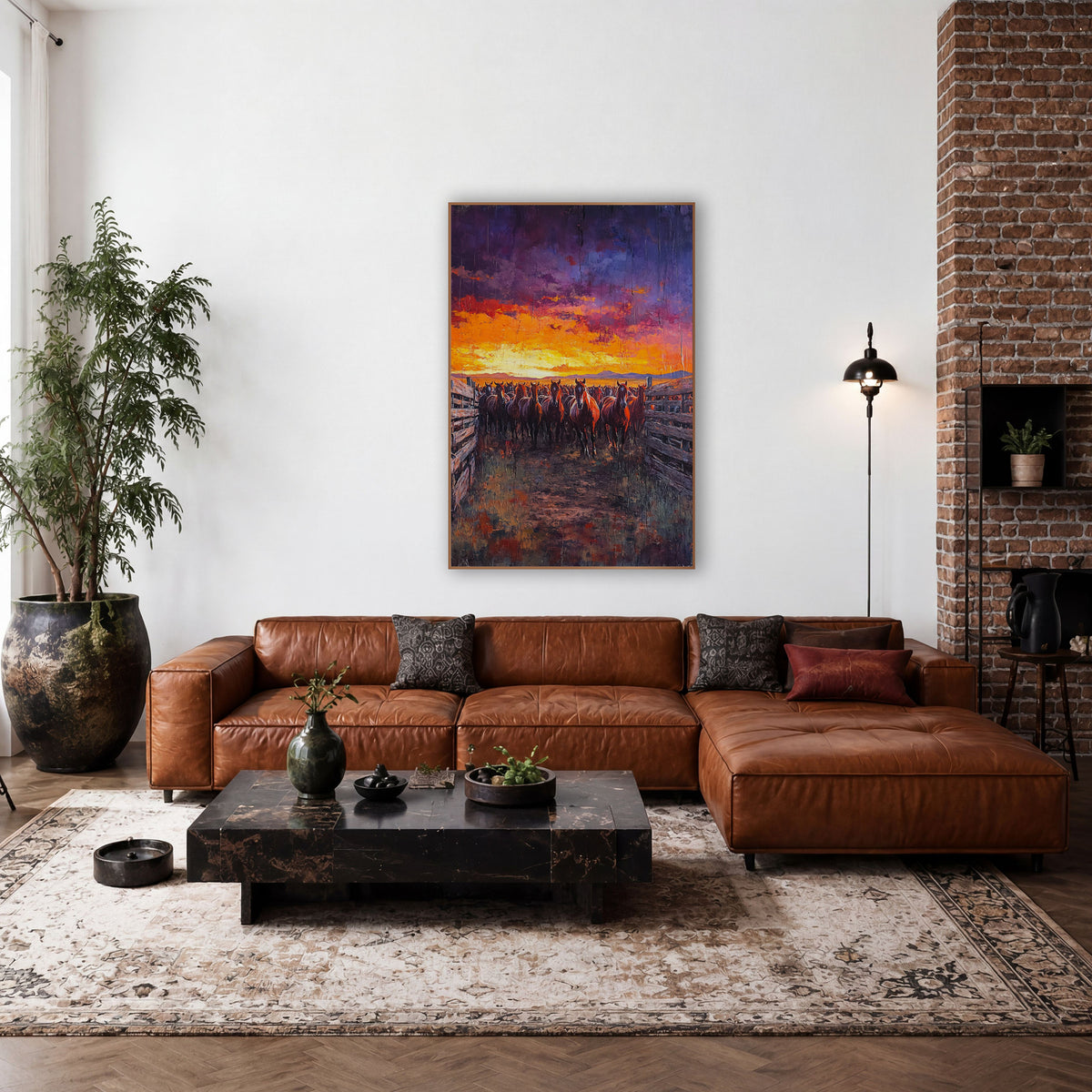 Sunset Corral Horse Herd Western wall art in a rustic western-style room – herd of chestnut horses in a wooden corral