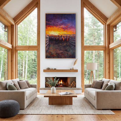 Sunset Corral Horse Herd Western wall art in a rustic western-style room – herd of chestnut horses in a wooden corral