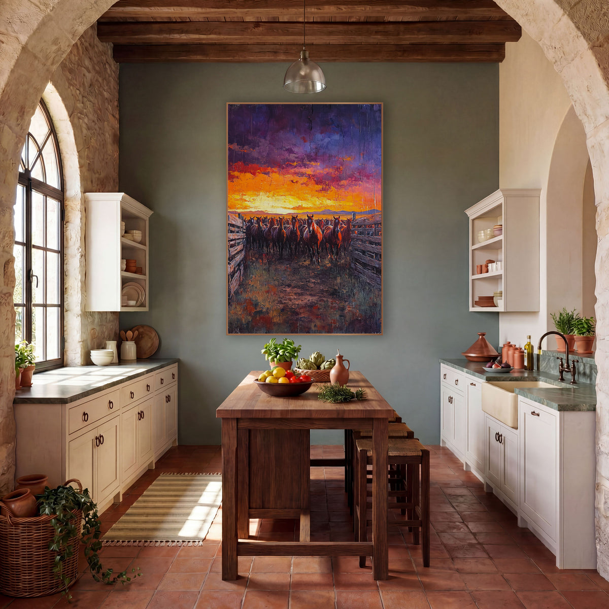 Sunset Corral Horse Herd Western wall art in a rustic western-style room – herd of chestnut horses in a wooden corral