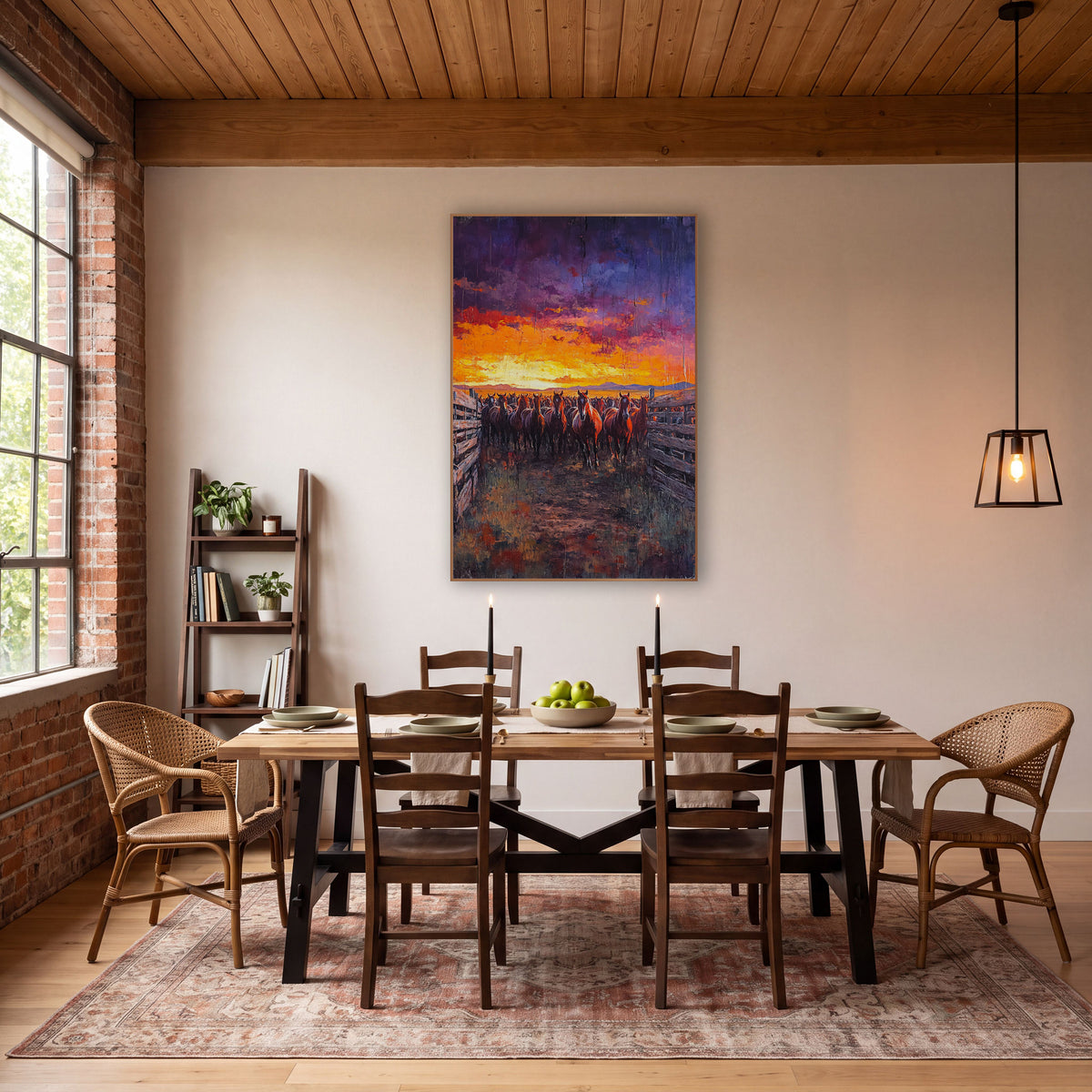 Sunset Corral Horse Herd Western wall art in a rustic western-style room – herd of chestnut horses in a wooden corral