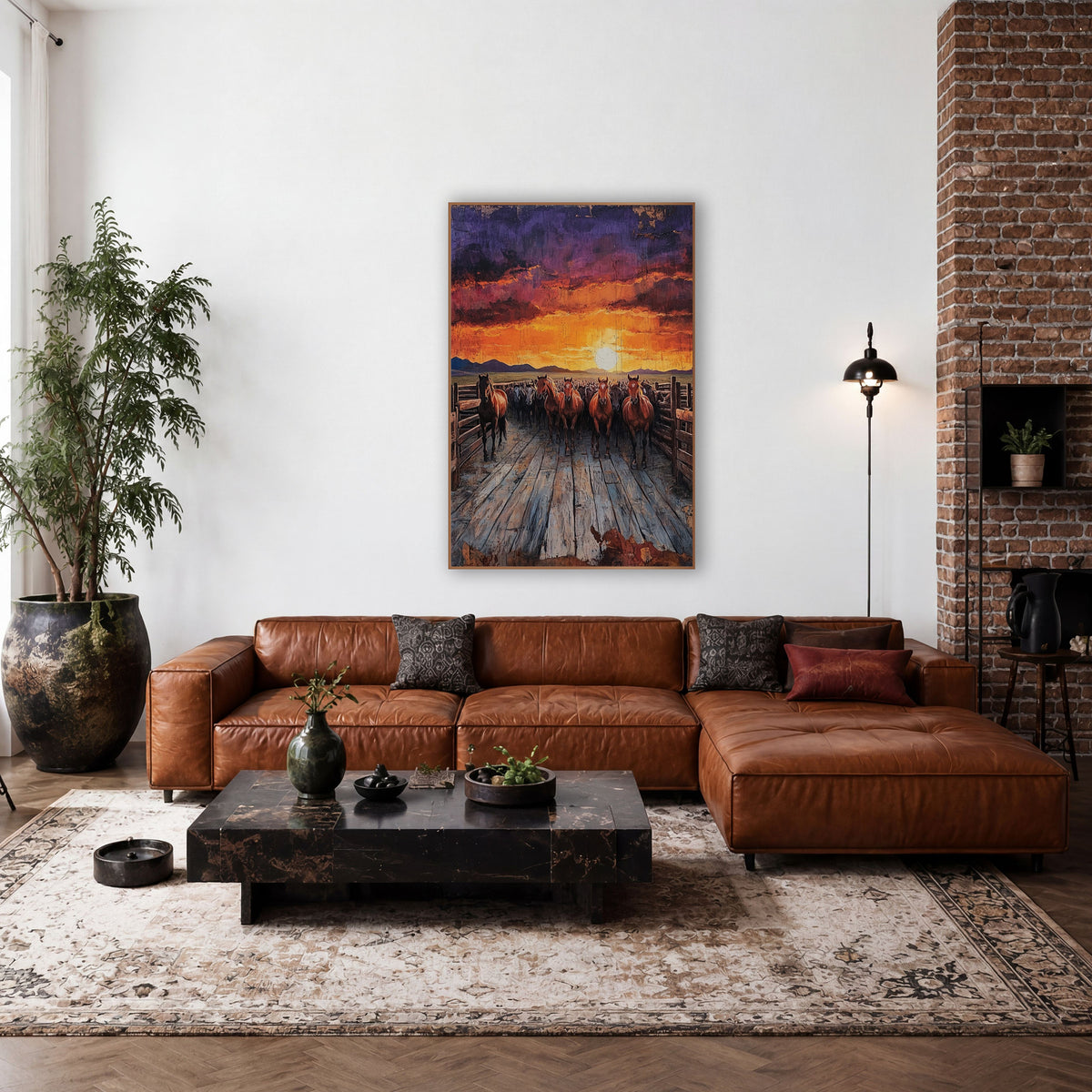 Sunset Corral Horses Western wall art in a rustic western-style room – herd of reddish-brown horses walking down