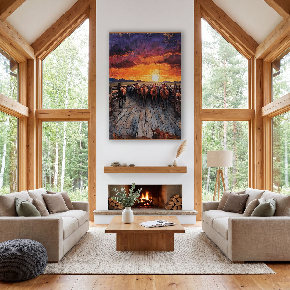 Sunset Corral Horses Western wall art in a rustic western-style room – herd of reddish-brown horses walking down