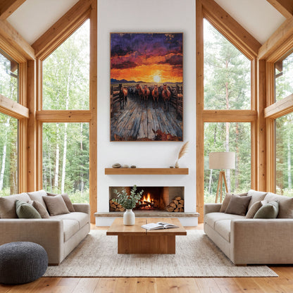 Sunset Corral Horses Western wall art in a rustic western-style room – herd of reddish-brown horses walking down