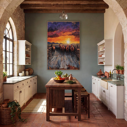 Sunset Corral Horses Western wall art in a rustic western-style room – herd of reddish-brown horses walking down