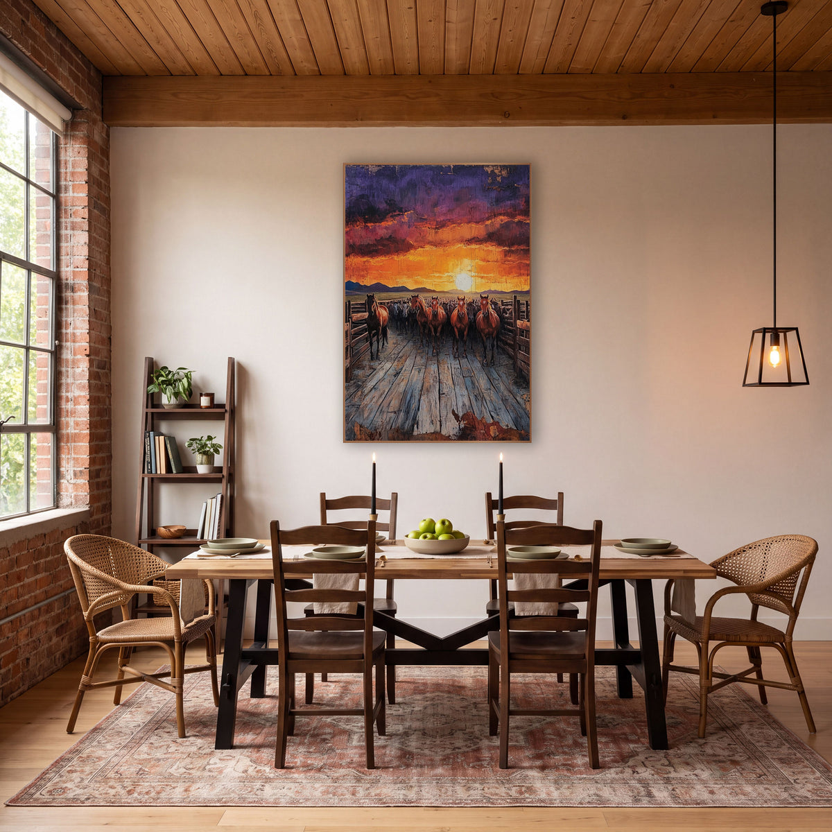Sunset Corral Horses Western wall art in a rustic western-style room – herd of reddish-brown horses walking down