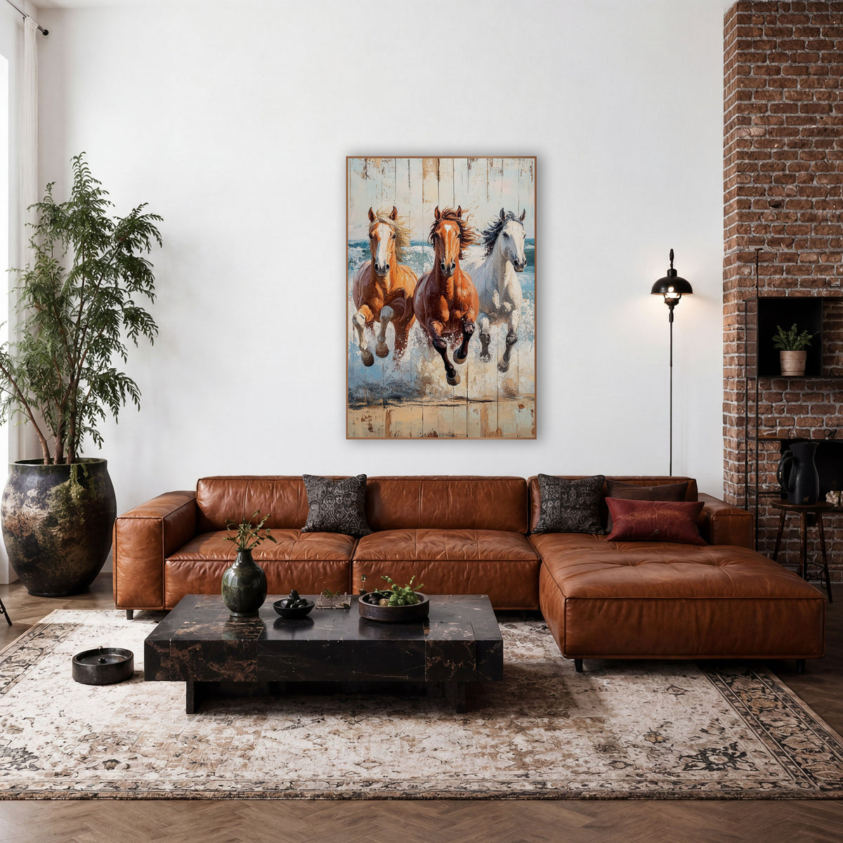 Three Horses Galloping Coastal Western wall art in a rustic western-style room – three galloping horses in palomino