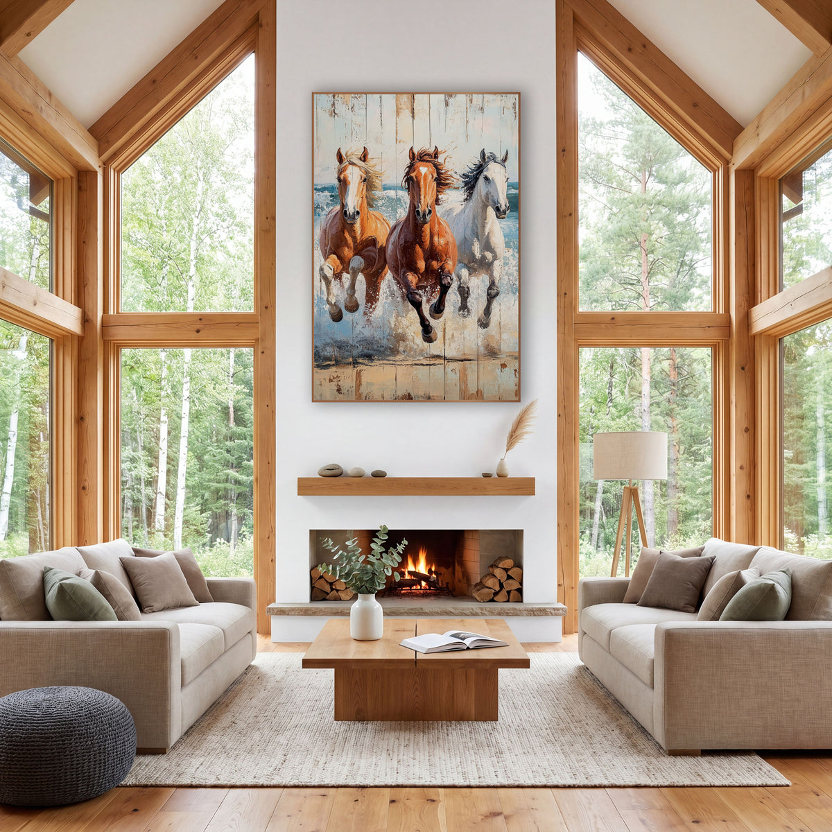 Three Horses Galloping Coastal Western wall art in a rustic western-style room – three galloping horses in palomino