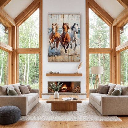 Three Horses Galloping Coastal Western wall art in a rustic western-style room – three galloping horses in palomino