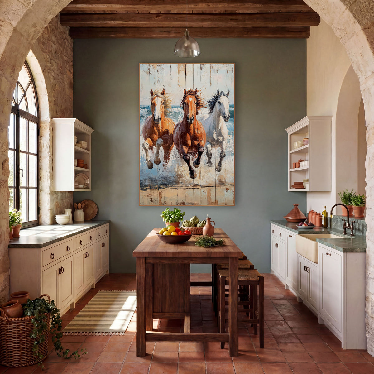 Three Horses Galloping Coastal Western wall art in a rustic western-style room – three galloping horses in palomino