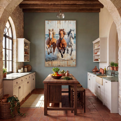 Three Horses Galloping Coastal Western wall art in a rustic western-style room – three galloping horses in palomino