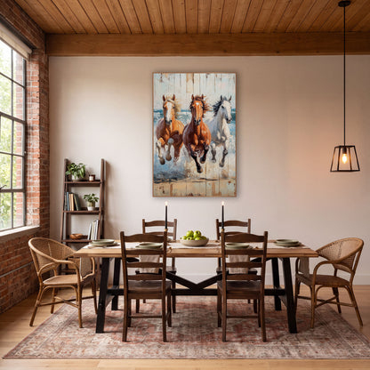 Three Horses Galloping Coastal Western wall art in a rustic western-style room – three galloping horses in palomino
