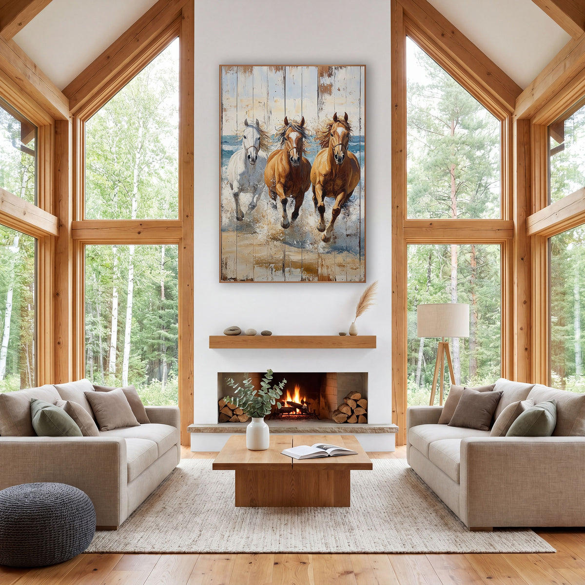 Three Galloping Beach Horses Whitewashed wall art in a rustic western-style room – three horses, one white and two