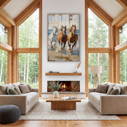 Three Galloping Beach Horses Whitewashed wall art in a rustic western-style room – three horses, one white and two