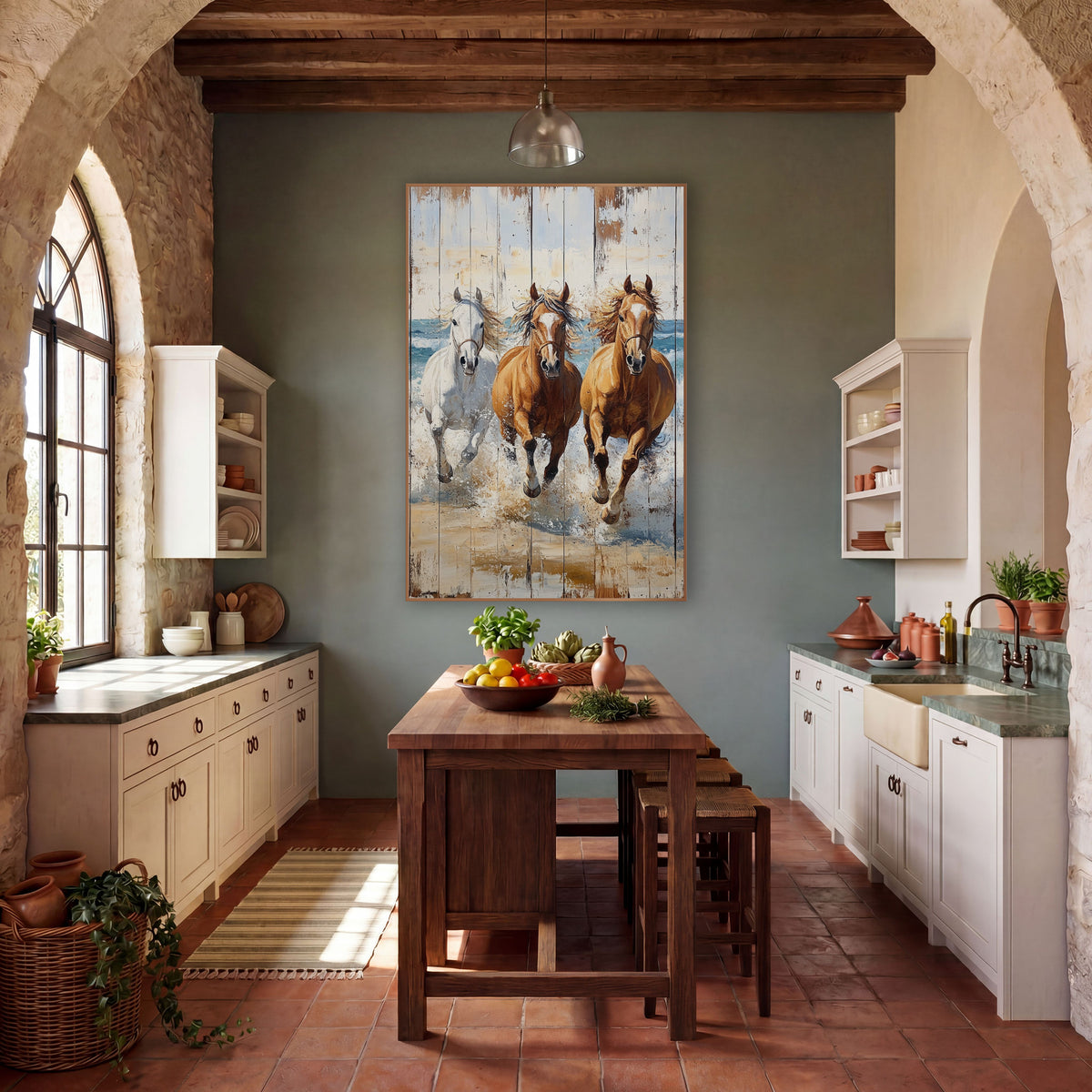 Three Galloping Beach Horses Whitewashed wall art in a rustic western-style room – three horses, one white and two