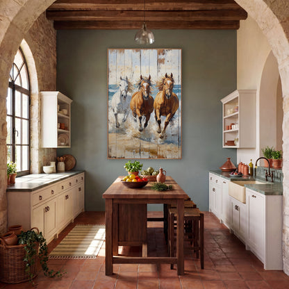 Three Galloping Beach Horses Whitewashed wall art in a rustic western-style room – three horses, one white and two