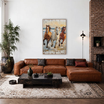 Three Horses Charging Surf Rustic wall art in a rustic western-style room – three galloping horses, chestnut, gray