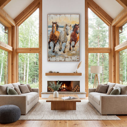 Three Horses Charging Surf Rustic wall art in a rustic western-style room – three galloping horses, chestnut, gray