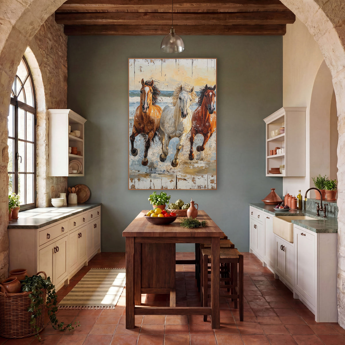 Three Horses Charging Surf Rustic wall art in a rustic western-style room – three galloping horses, chestnut, gray