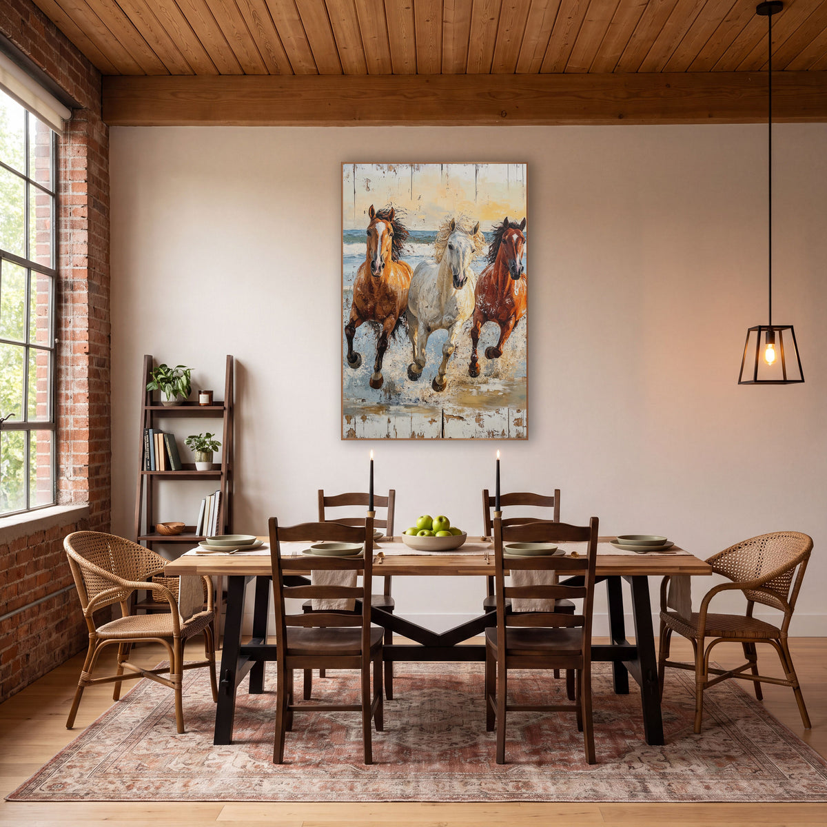 Three Horses Charging Surf Rustic wall art in a rustic western-style room – three galloping horses, chestnut, gray