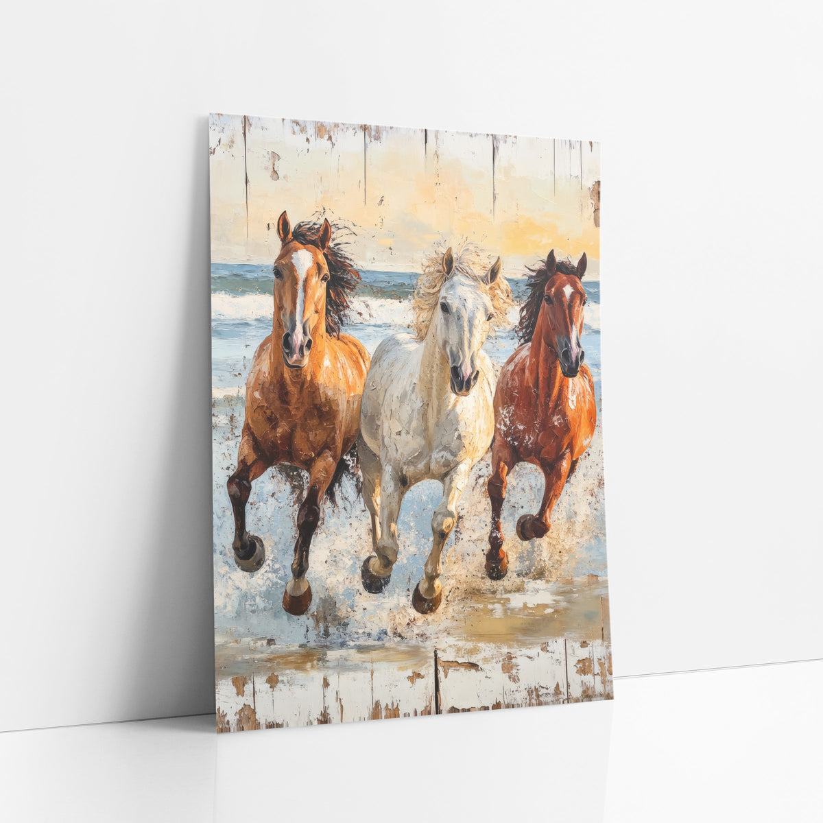 Three Horses Charging Surf Rustic art print leaning against a white wall – three galloping horses, chestnut, gray