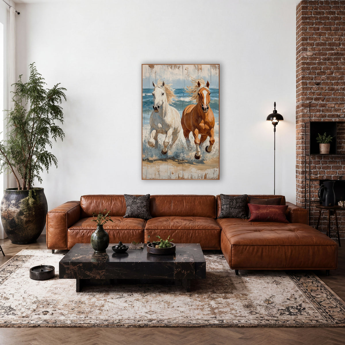 Palomino Cream Horses Surf Painterly wall art in a rustic western-style room – white horse and chestnut horse