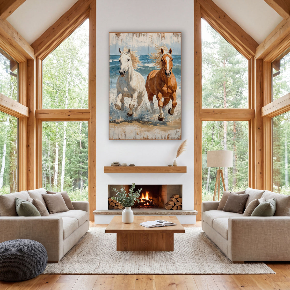 Palomino Cream Horses Surf Painterly wall art in a rustic western-style room – white horse and chestnut horse