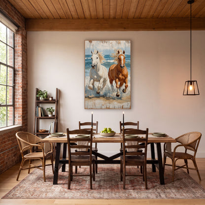 Palomino Cream Horses Surf Painterly wall art in a rustic western-style room – white horse and chestnut horse