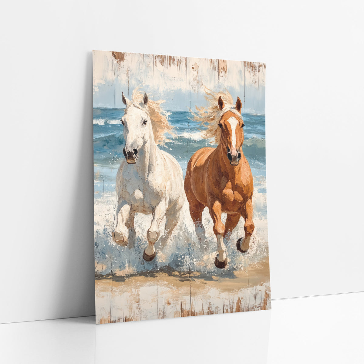 Palomino Cream Horses Surf Painterly art print leaning against a white wall – white horse and chestnut horse galloping side