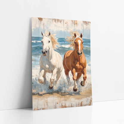 Palomino Cream Horses Surf Painterly art print leaning against a white wall – white horse and chestnut horse galloping side