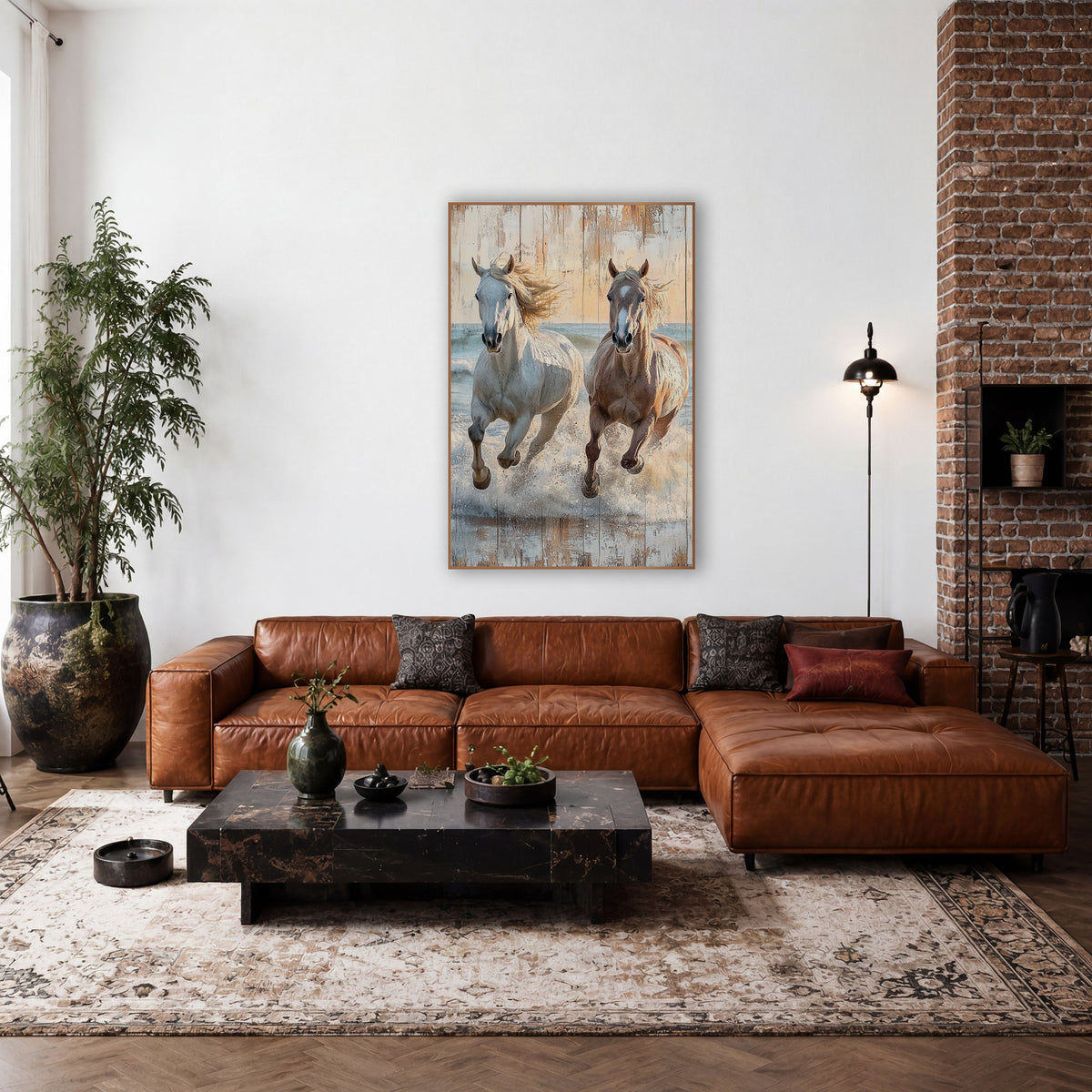 Twin Horses Surf Gallop Rustic wall art in a rustic western-style room – white and chestnut horses galloping through