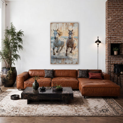 Twin Horses Surf Gallop Rustic wall art in a rustic western-style room – white and chestnut horses galloping through