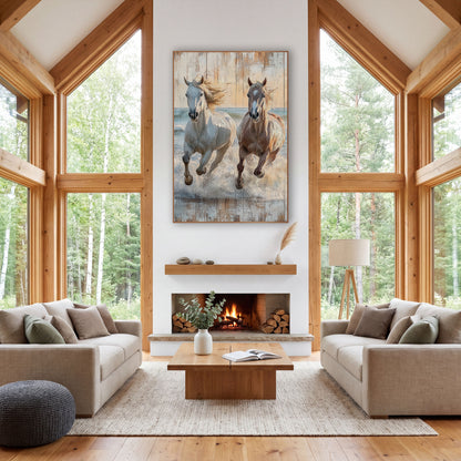 Twin Horses Surf Gallop Rustic wall art in a rustic western-style room – white and chestnut horses galloping through