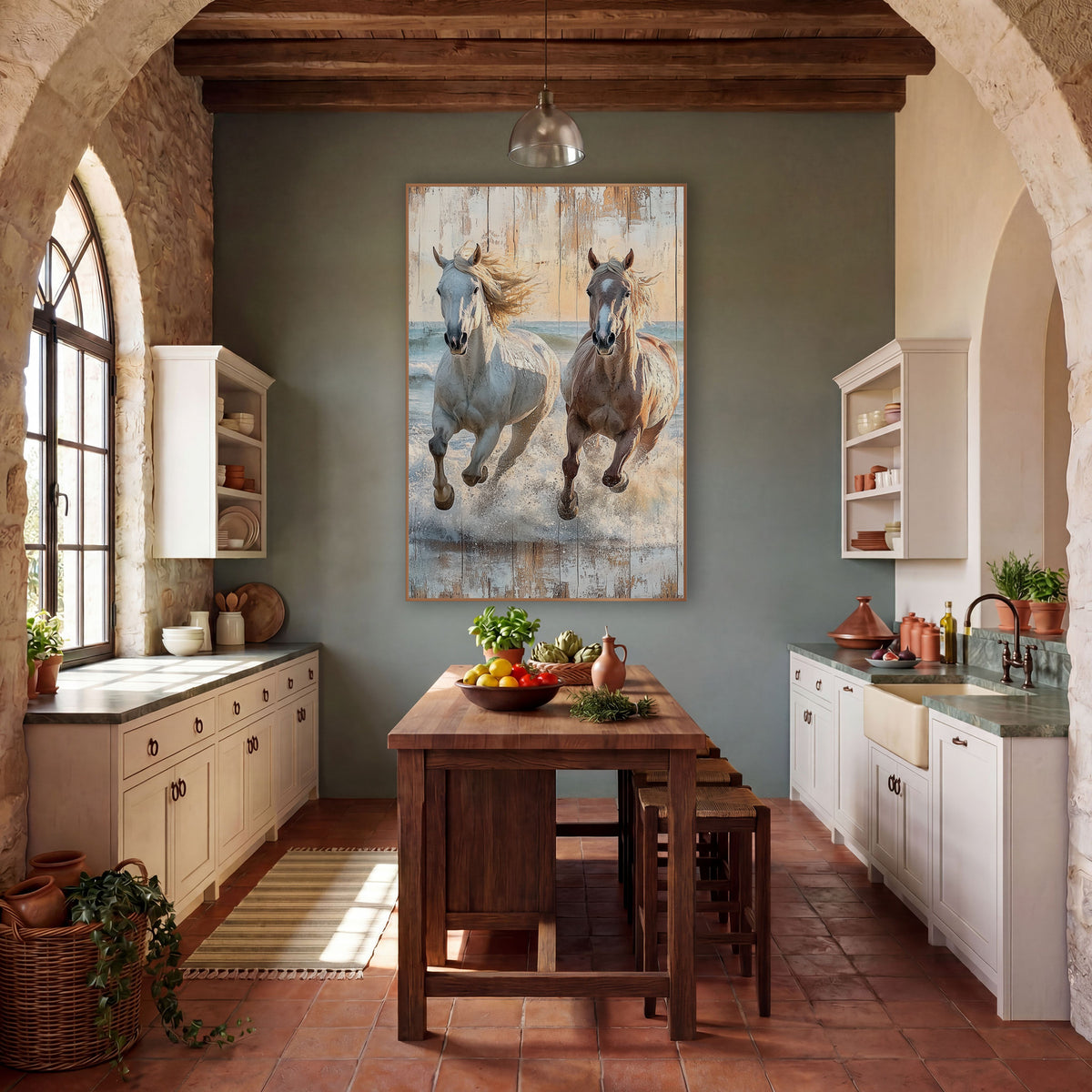 Twin Horses Surf Gallop Rustic wall art in a rustic western-style room – white and chestnut horses galloping through