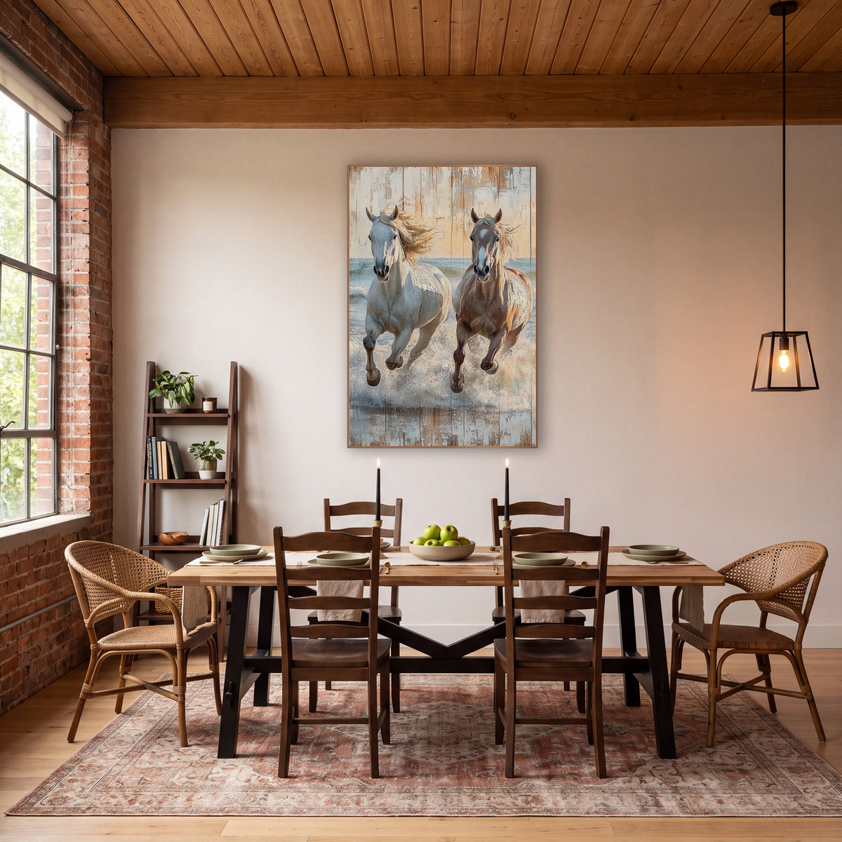 Twin Horses Surf Gallop Rustic wall art in a rustic western-style room – white and chestnut horses galloping through