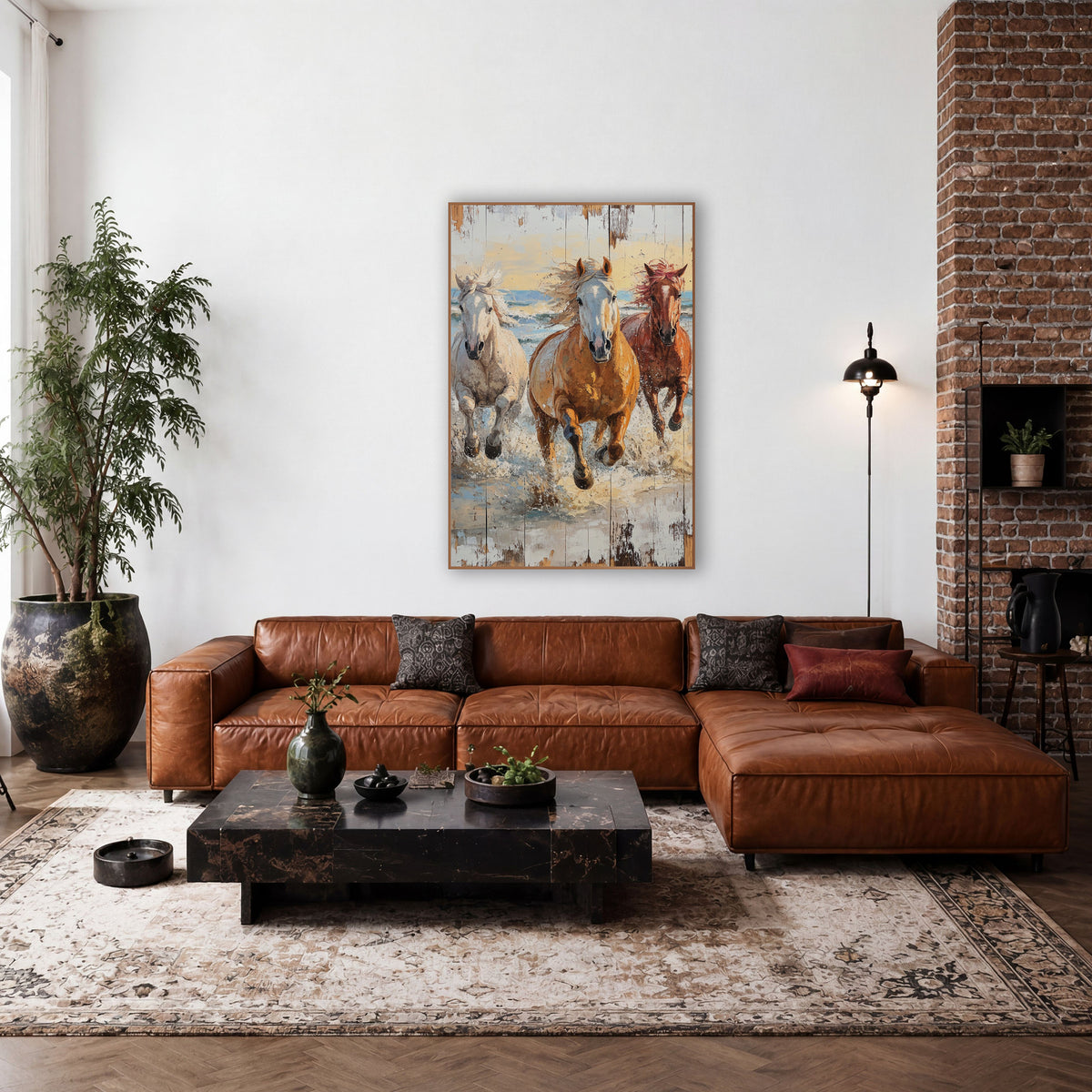 Three Horses Surf Gallop Coastal Western wall art in a rustic western-style room – three horses, white, golden