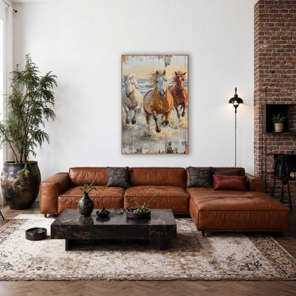 Three Horses Surf Gallop Coastal Western wall art in a rustic western-style room – three horses, white, golden