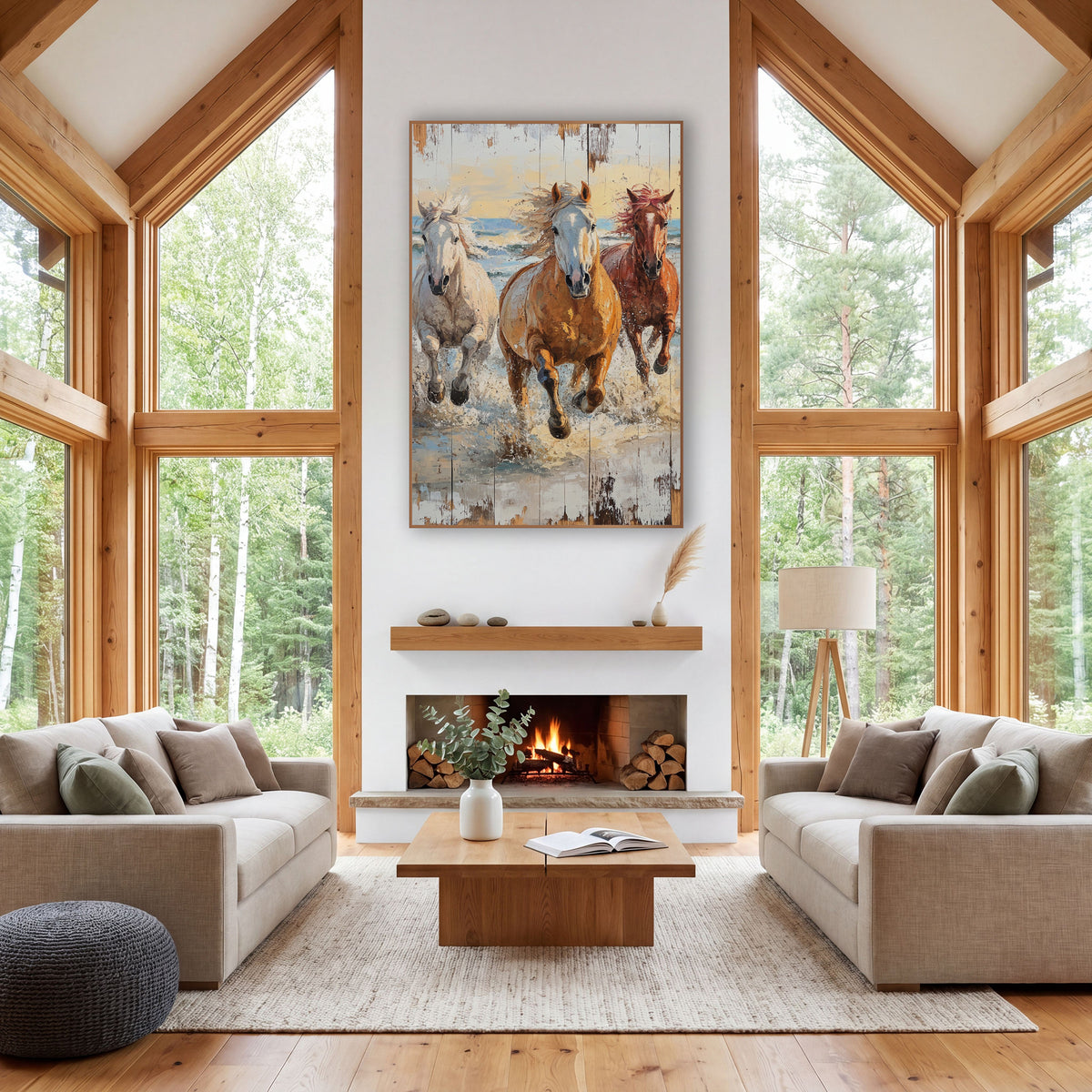 Three Horses Surf Gallop Coastal Western wall art in a rustic western-style room – three horses, white, golden
