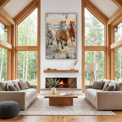 Three Horses Surf Gallop Coastal Western wall art in a rustic western-style room – three horses, white, golden