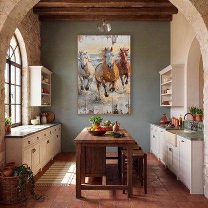 Three Horses Surf Gallop Coastal Western wall art in a rustic western-style room – three horses, white, golden